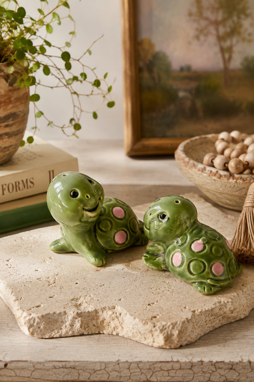Vintage Japan Green & Pink Turtle Salt & Pepper Shakers Retro Ceramic